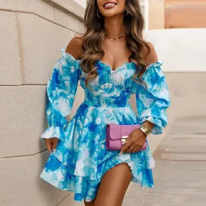 High Waist Pleated Holiday Short Fashion Ruffled Slash Neck Party Casual Summer Floral Print Long Sleeve Floral Women Dress