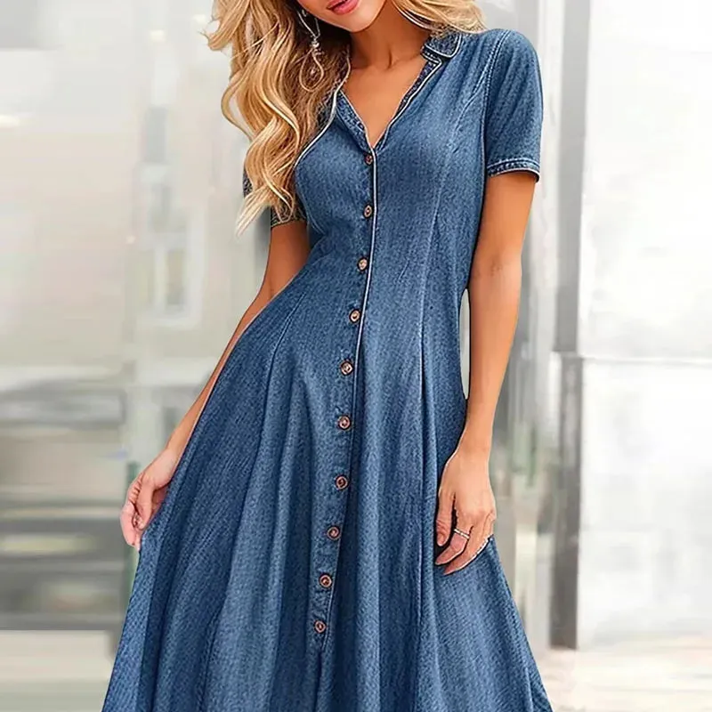 High Waist Slim Long Female V-neck Short Sleeved Commuting New Elegant Single Breasted Pleated Denim Summer Casual Dress