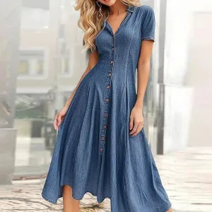 High Waist Slim Long Female V-neck Short Sleeved Commuting New Elegant Single Breasted Pleated Denim Summer Casual Dress