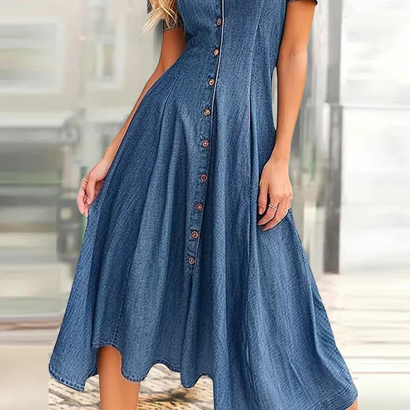 High Waist Slim Long Female V-neck Short Sleeved Commuting New Elegant Single Breasted Pleated Denim Summer Casual Dress