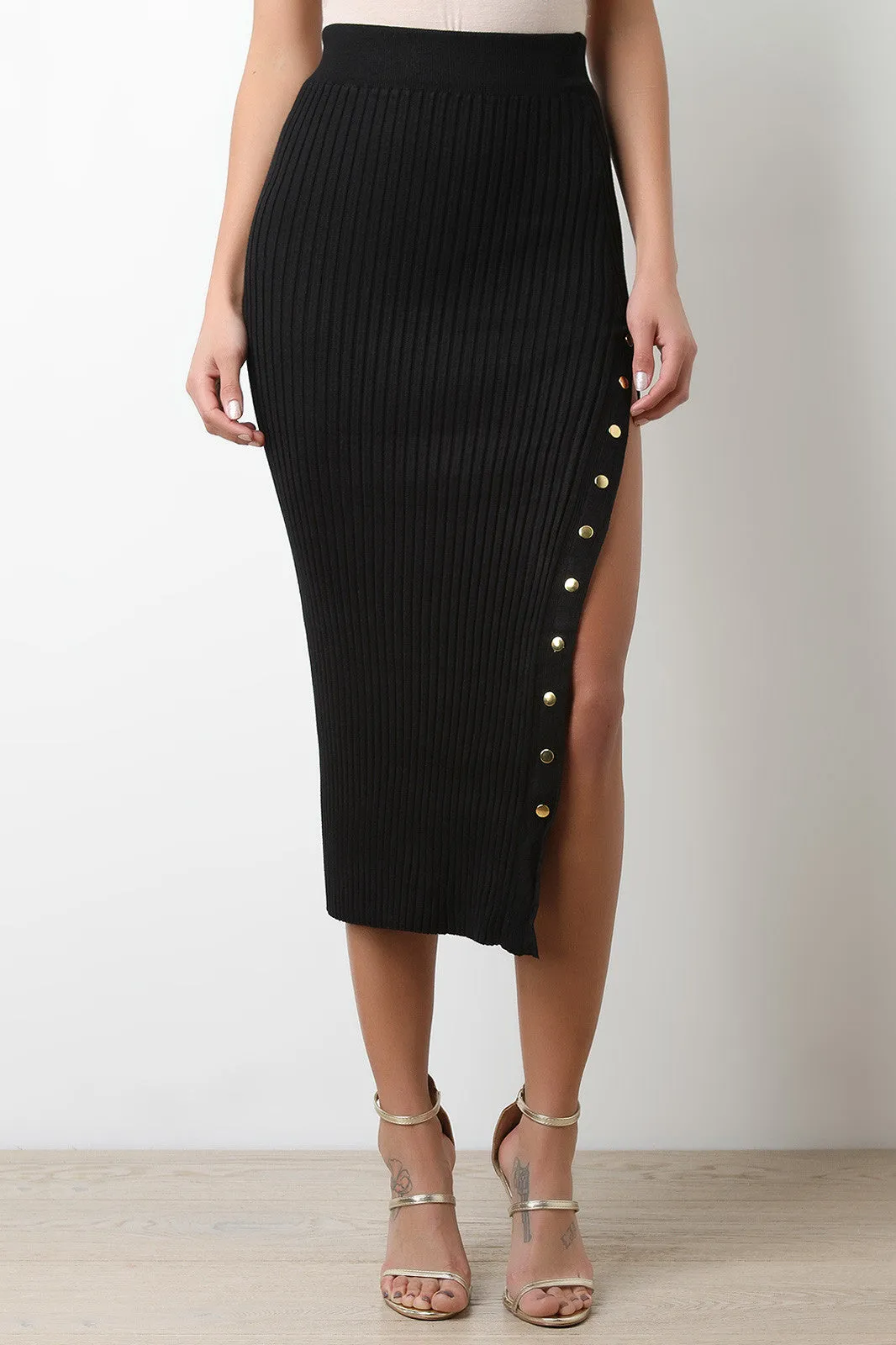 High Waisted Ribbed Knit Button-Up Midi Skirt