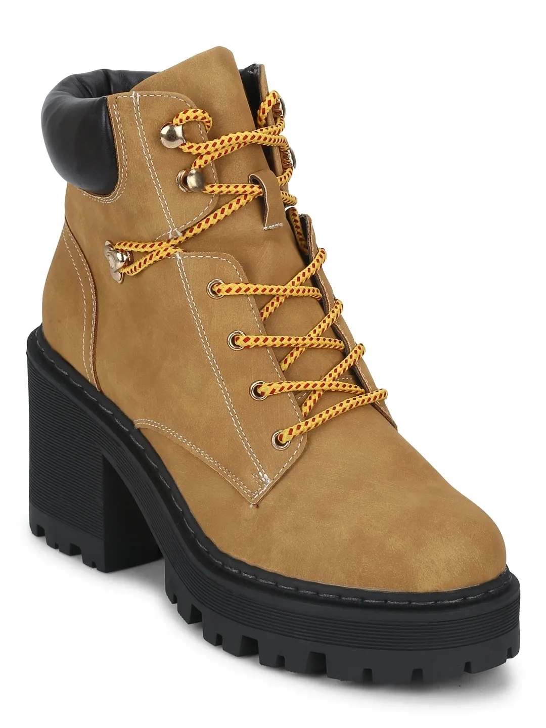 Honey Nubuck Pu Lace Up Block Heel Ankle Boots