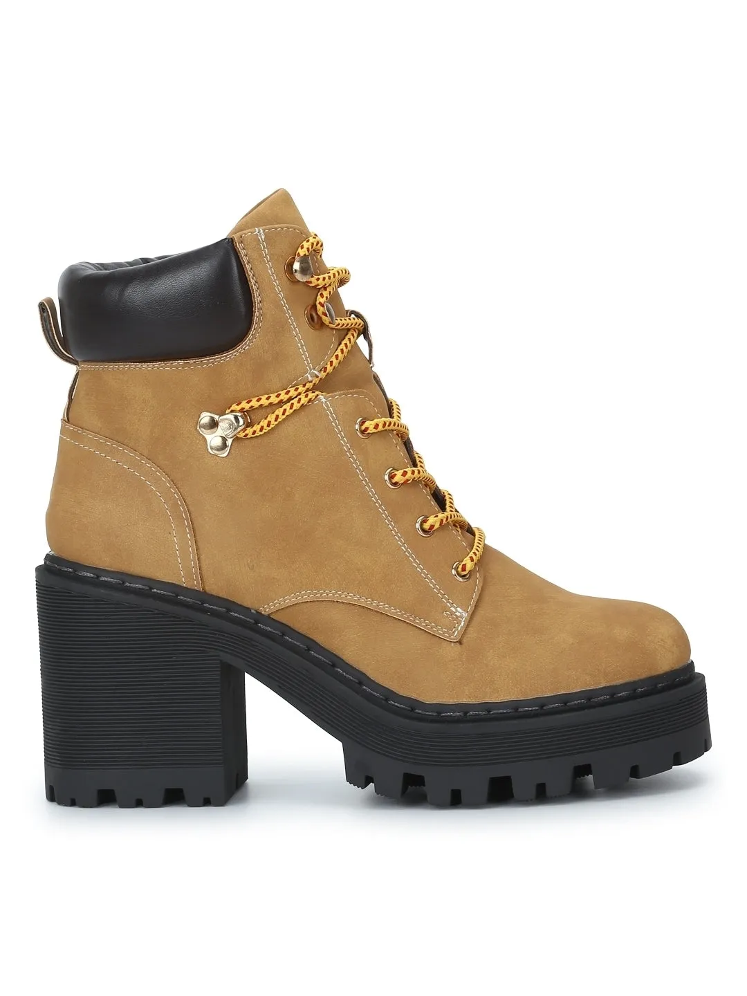 Honey Nubuck Pu Lace Up Block Heel Ankle Boots