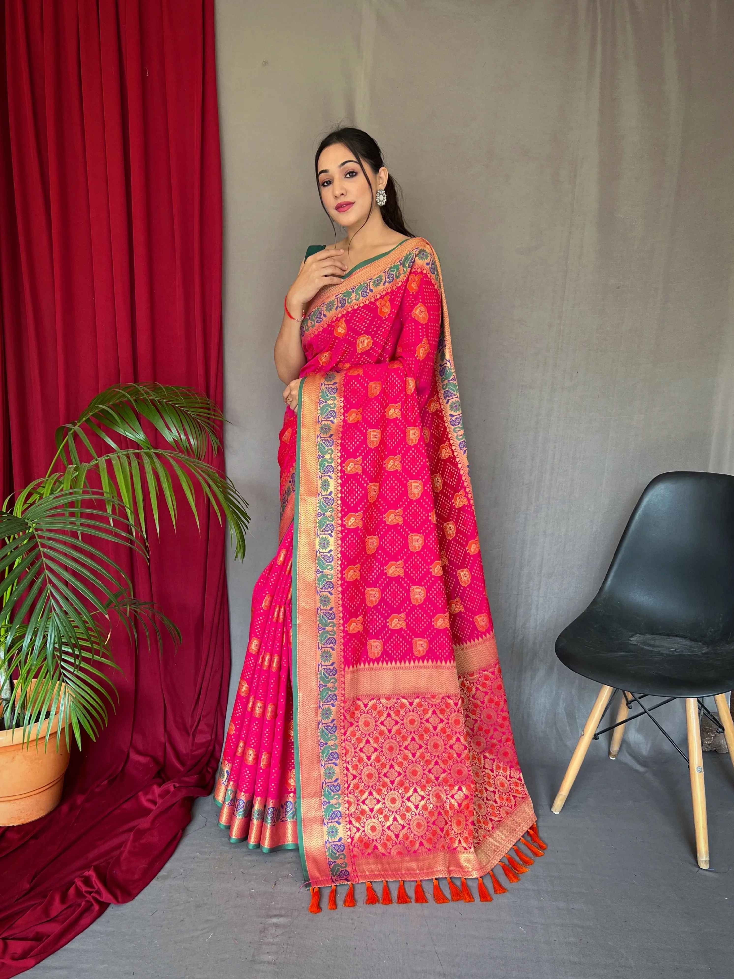 Hot Pink Saree in Kutch Patola Silk