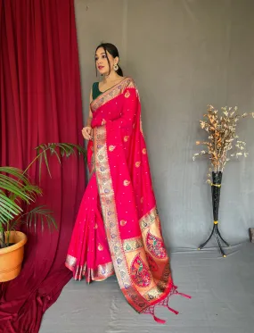 Hot Pink Saree in Paithani Silk Peacock Zari Woven