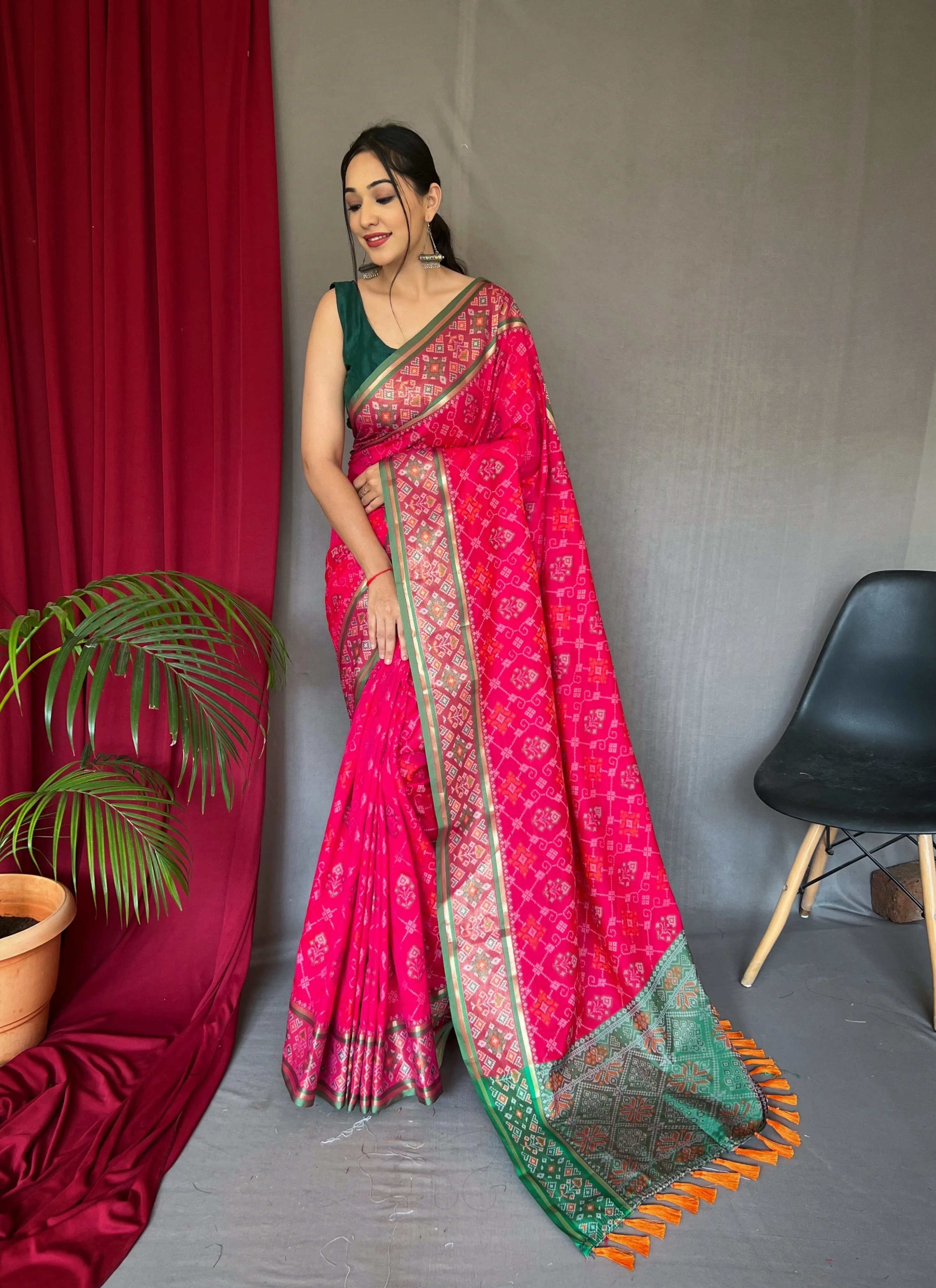 Hot Pink Saree in Patola  Silk