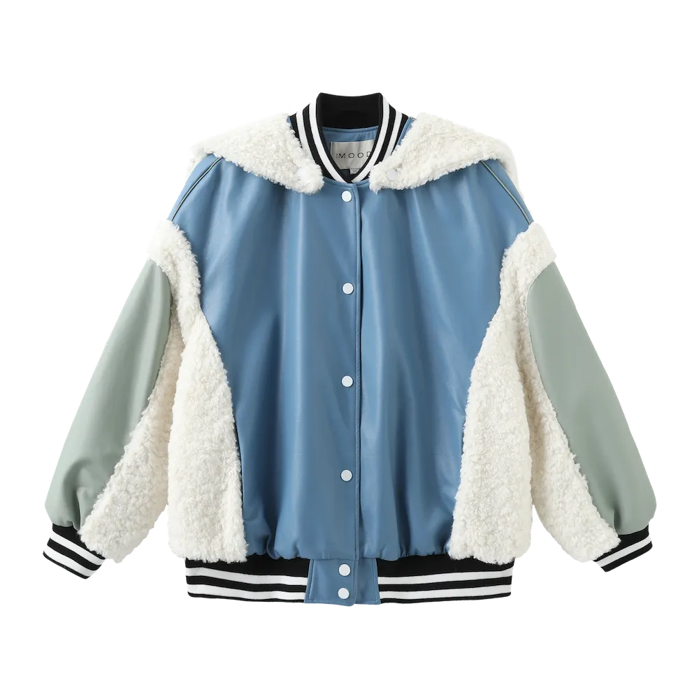 ICON Vegan Leather Teddy Bomber Jacket - Blue