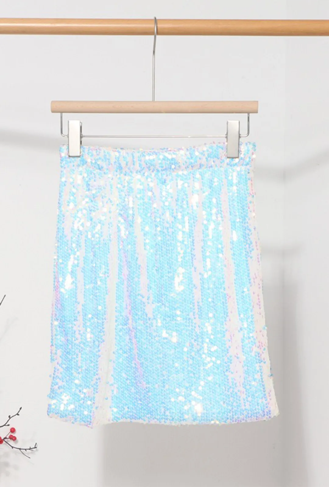 Iridescent Silver Blue Sequin Midi Skirt