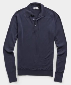 John Smedley Long Sleeve Easy Fit Merino Polo Sweater in Navy