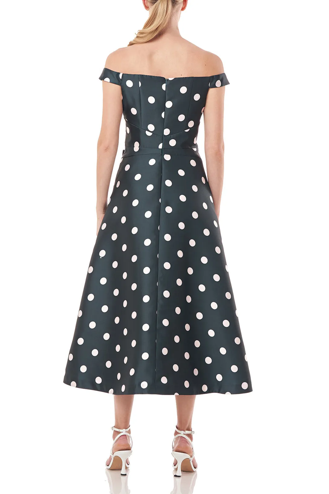 Kay Unger Off-Shoulder Zipper Back Ruffle Flared Tea Length Skirt Polka Dot Print Jacquard Dress with Pockets