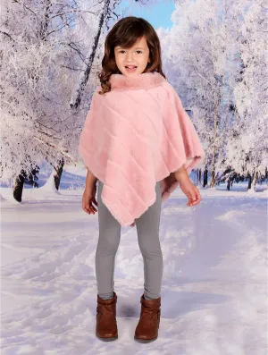 Kids Soft Faux Fur Cape W/ Diagonal Pattern and Faux Fur Neckline