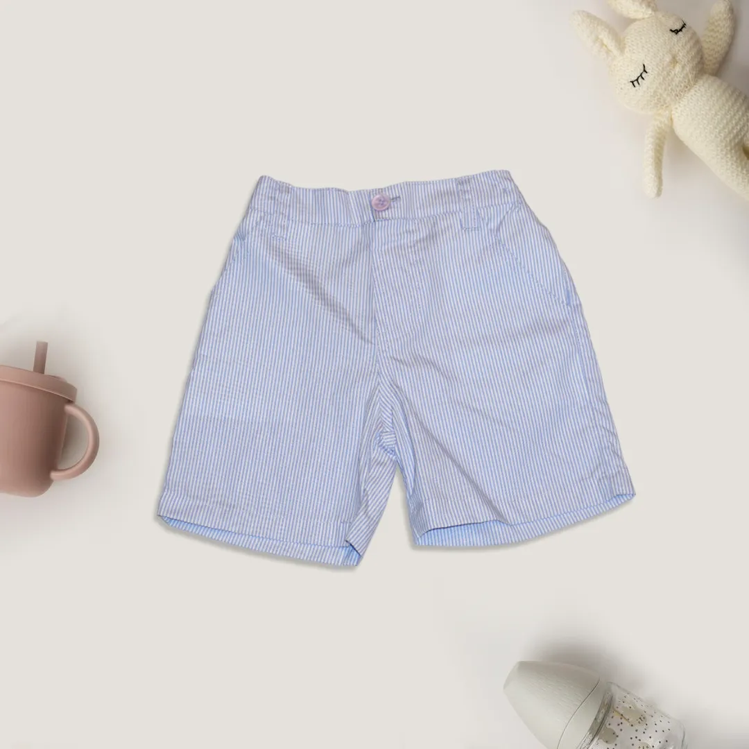 Kids Teddy Printed White T-Shirt and Blue Srtiped Shorts