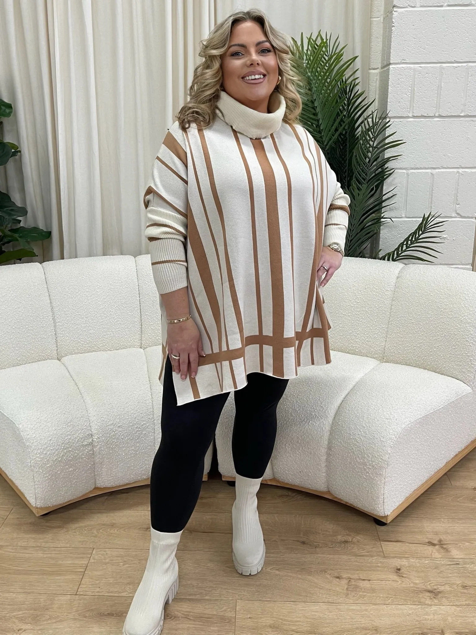 Kirsten Cream Stripe Print Roll Neck Jumper