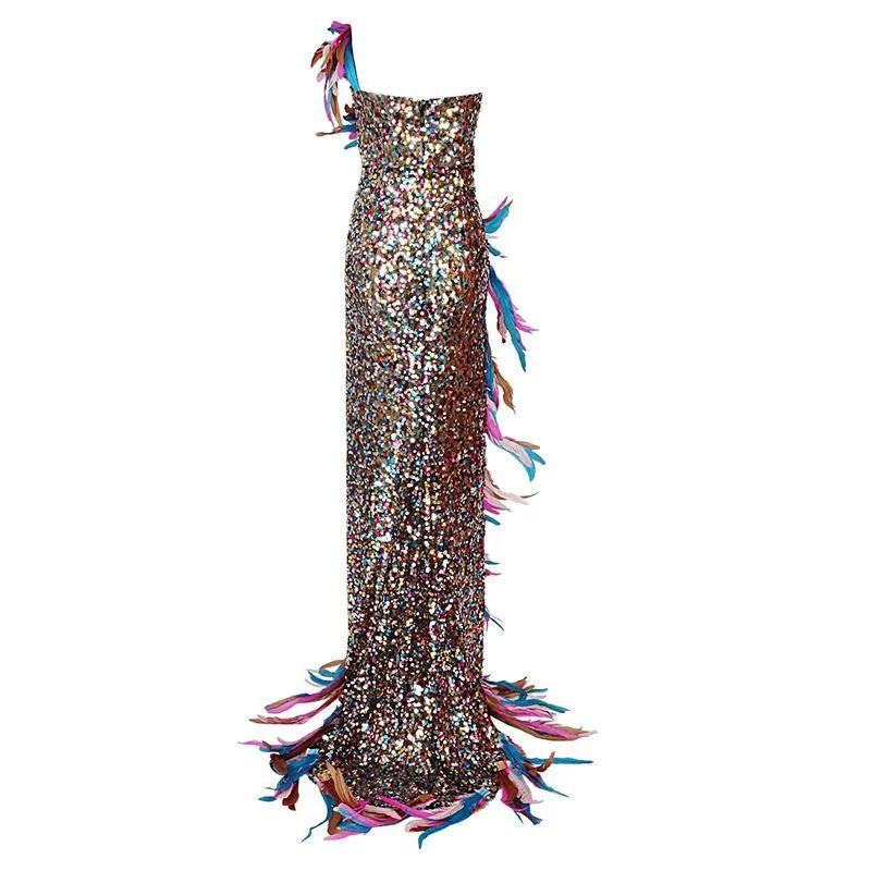 KittenAlarm - Arine Asymmetric Embellished Feather Trim Maxi Dress