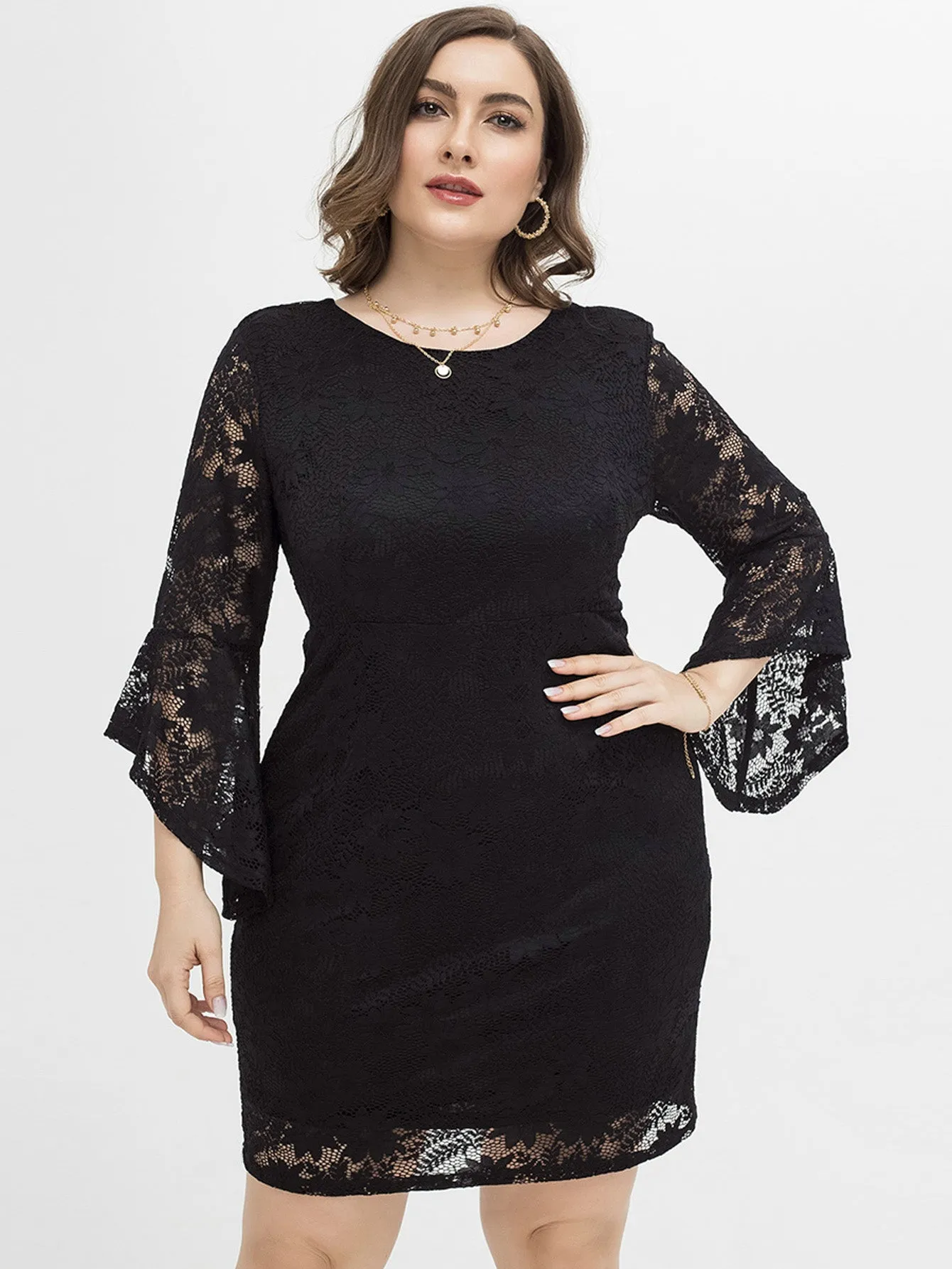 KittenAlarm - PLUS SIZE FLOUNCE SLEEVE LACE OVERLAY DRESS