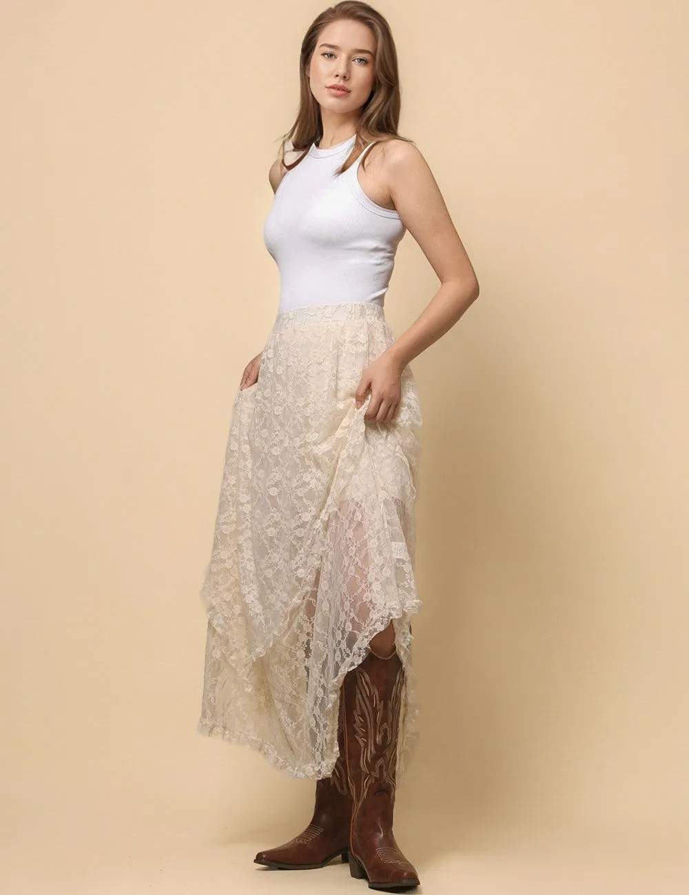 Ladies Solid Color Floral Lace Layring Slip Midi Skirt SKS4801