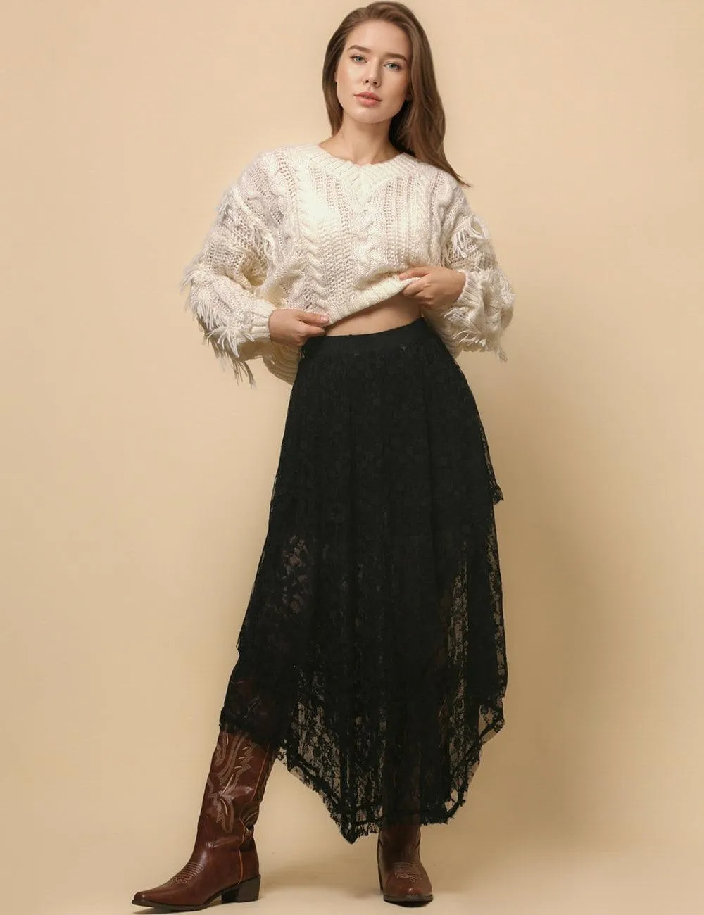 Ladies Solid Color Floral Lace Layring Slip Midi Skirt SKS4801