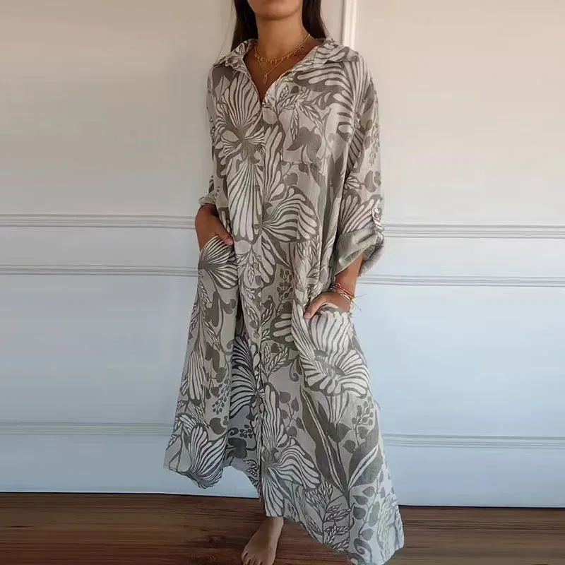 Lapel Long Sleeved Shirt 2024 Fashion Pattern Printed Single Breasted Loose Pockets Elegant Long Floral Casual Dress