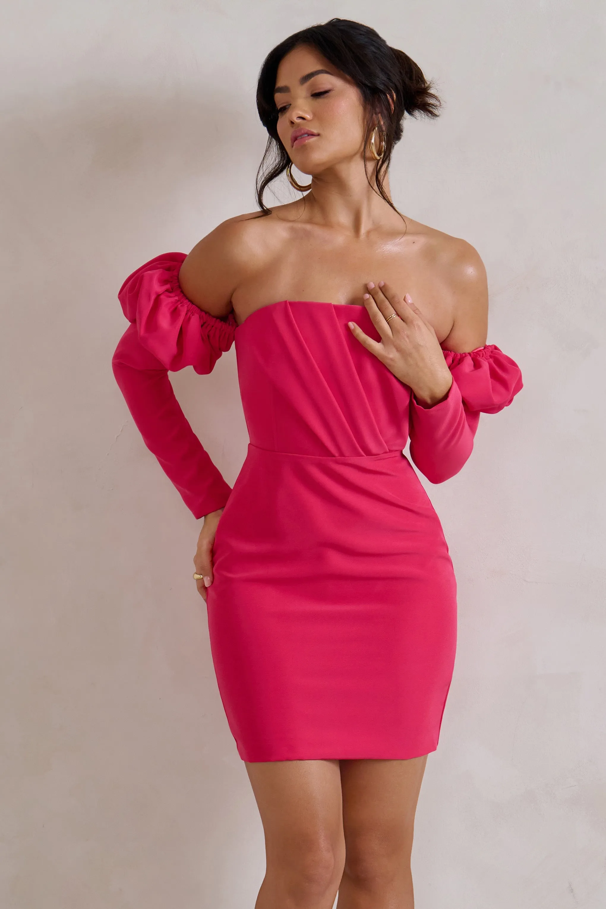 Laurie | Hot Pink Bardot Puff  Long Sleeve Mini Dress