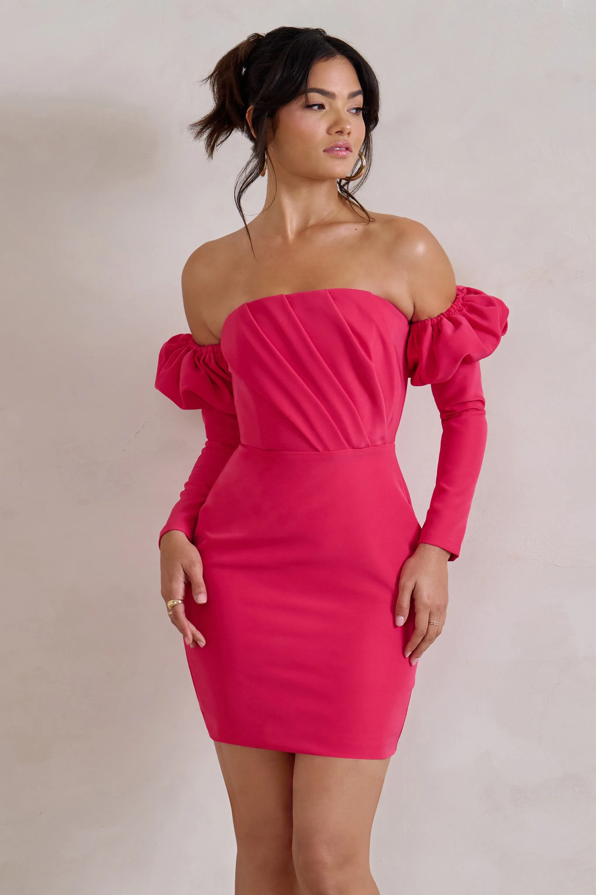 Laurie | Hot Pink Bardot Puff  Long Sleeve Mini Dress