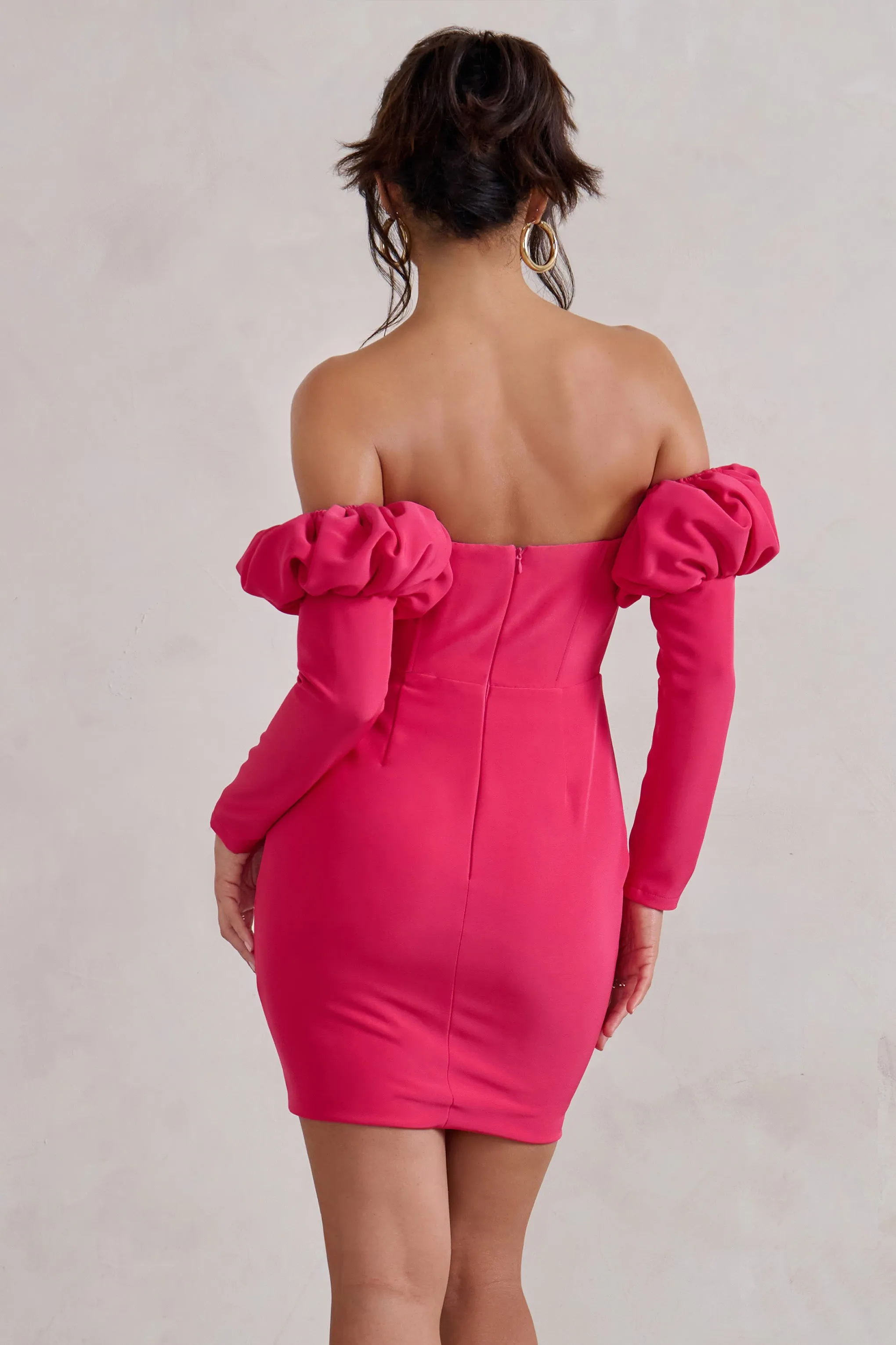 Laurie | Hot Pink Bardot Puff  Long Sleeve Mini Dress