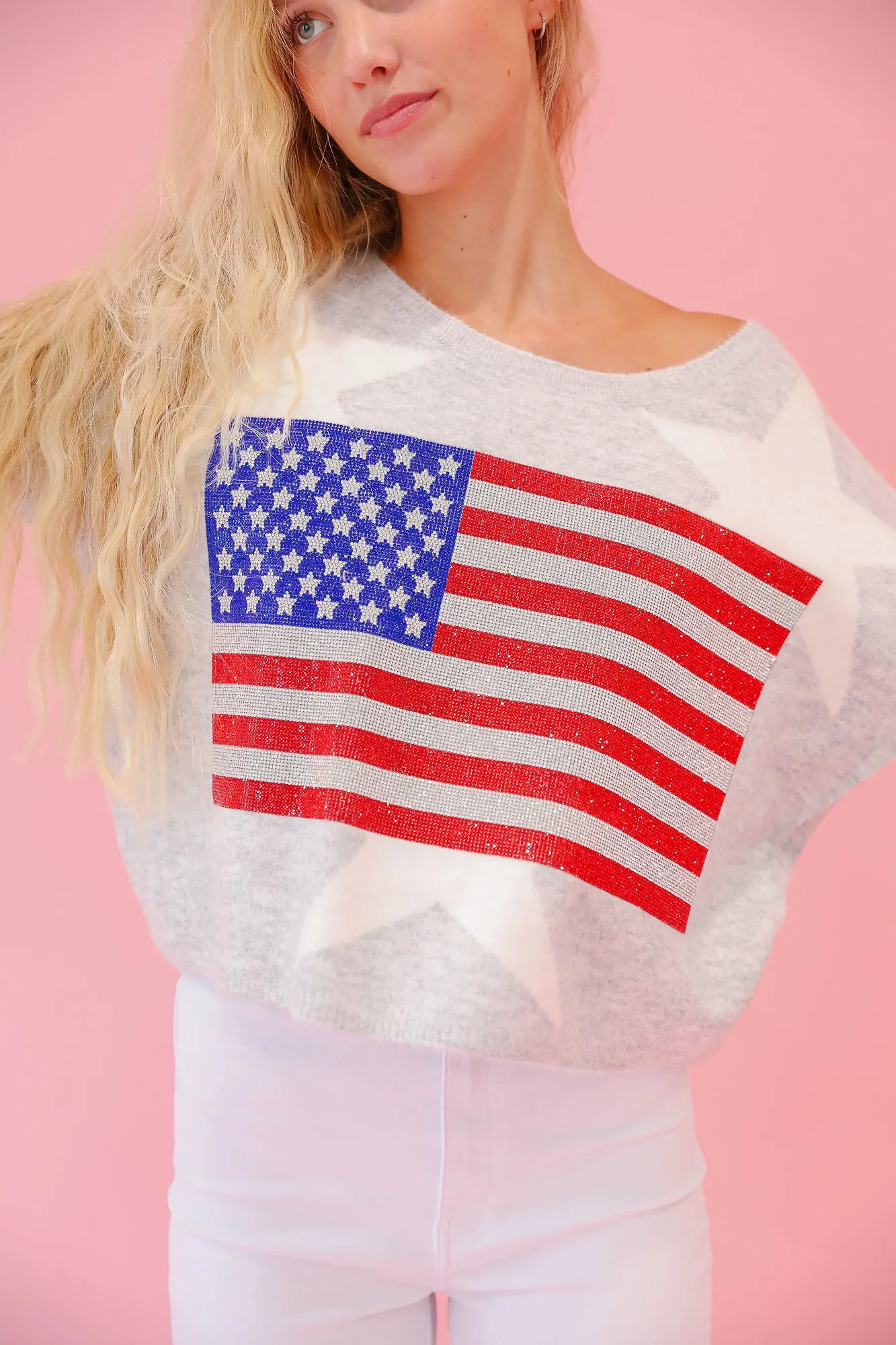 LET FREEDOM RING GREY STAR SWEATER