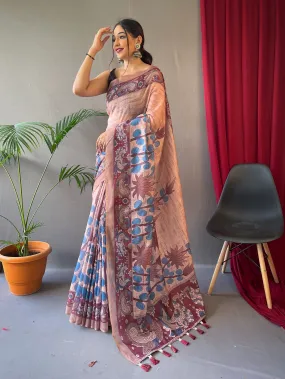 Light Salmon Saree in Cotton Kalamkari Print