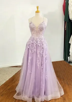 Lilac Prom Dresses, A-line V Neck Spaghetti Straps Long/Floor-Length Tulle Prom Dress With Appliqued Sequins