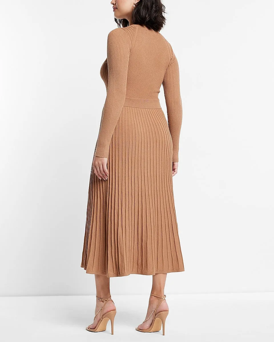 Long Sleeve Pleated Ribbed Midi Sweater Dress in Butterscotch