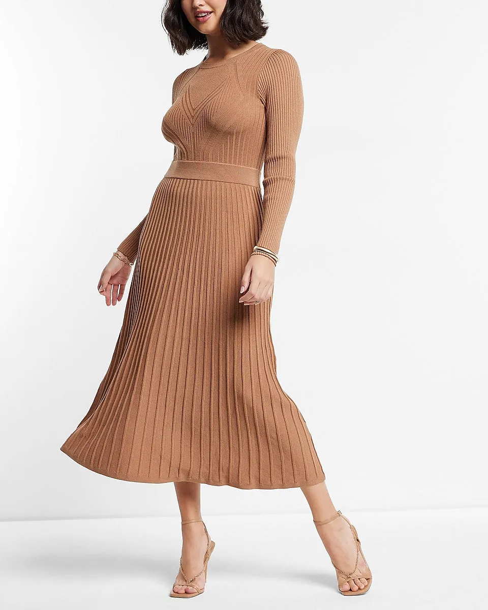 Long Sleeve Pleated Ribbed Midi Sweater Dress in Butterscotch