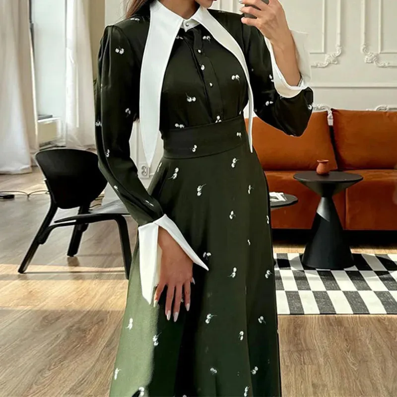 Long-Sleeved High Waist Printed Elegant Turn-down Collar Button Summer Spring Dress