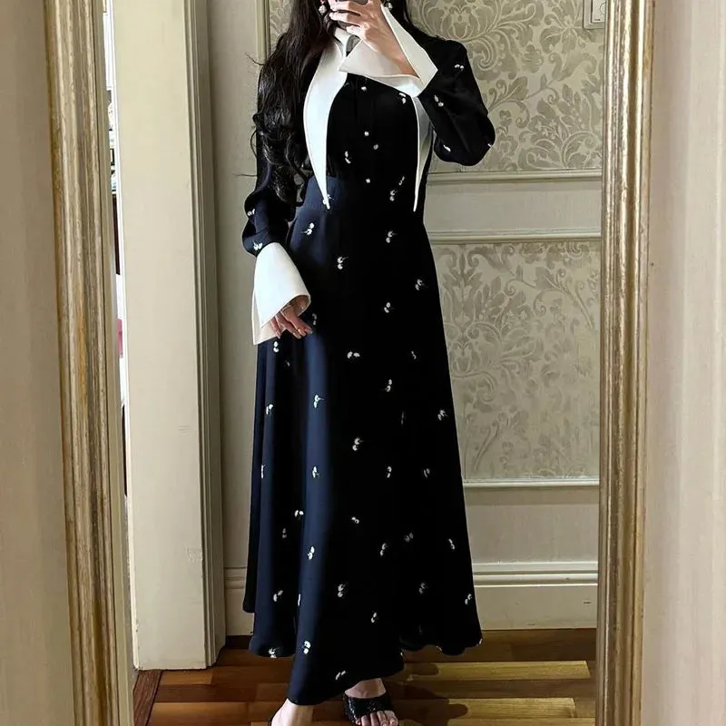 Long-Sleeved High Waist Printed Elegant Turn-down Collar Button Summer Spring Dress