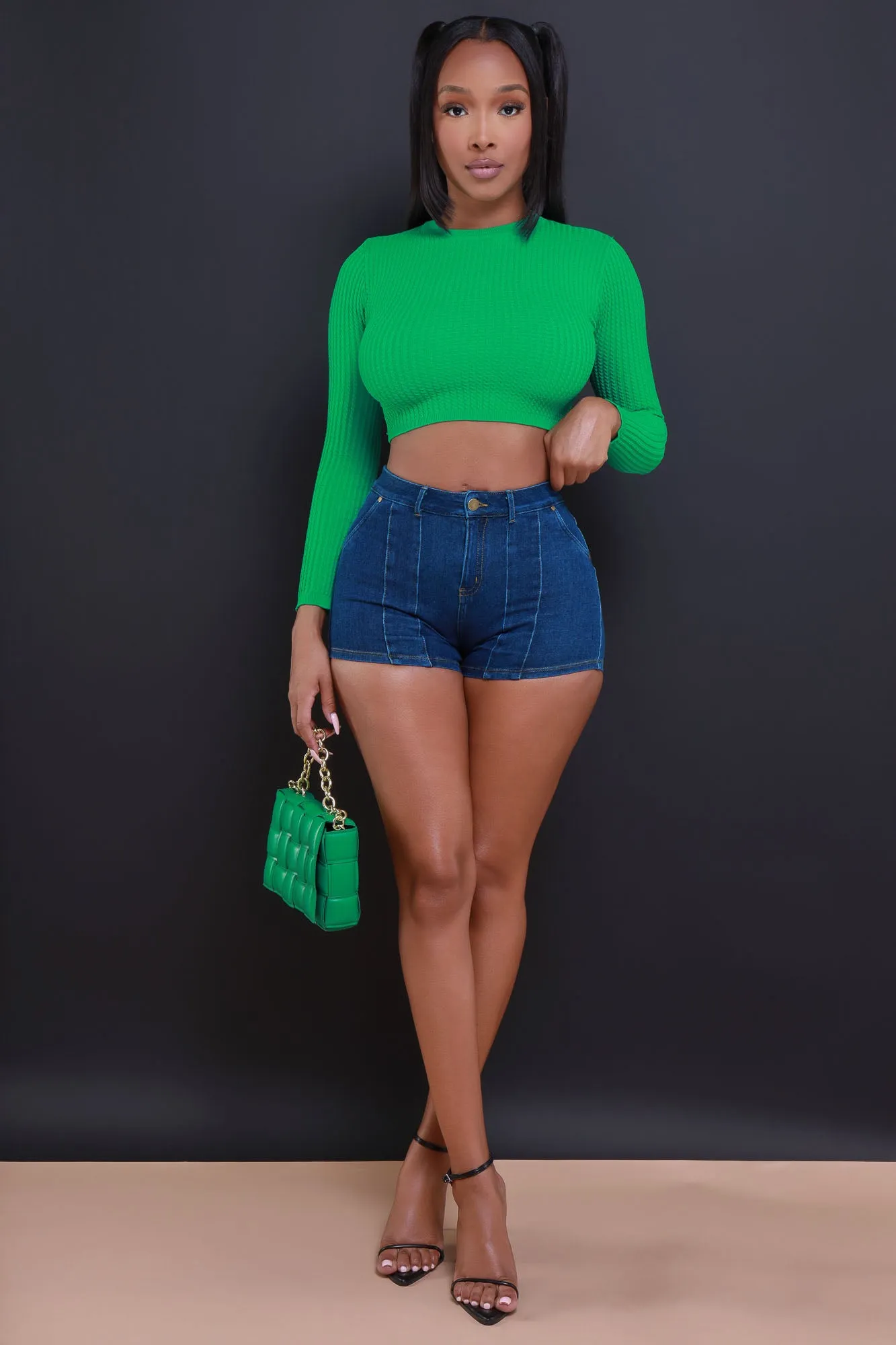 Longshot Long Sleeve Waffle Knit Crop Top - Green