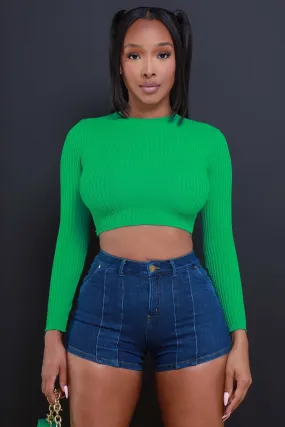 Longshot Long Sleeve Waffle Knit Crop Top - Green