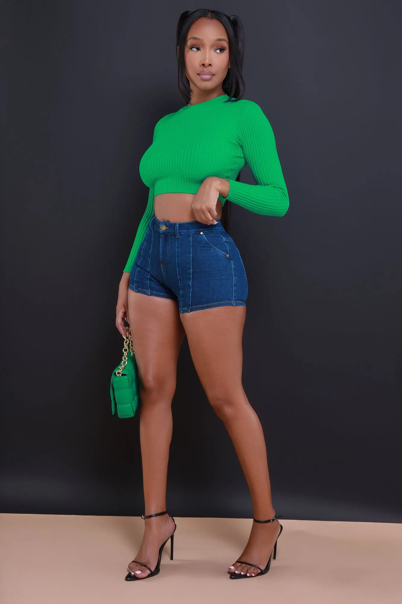 Longshot Long Sleeve Waffle Knit Crop Top - Green