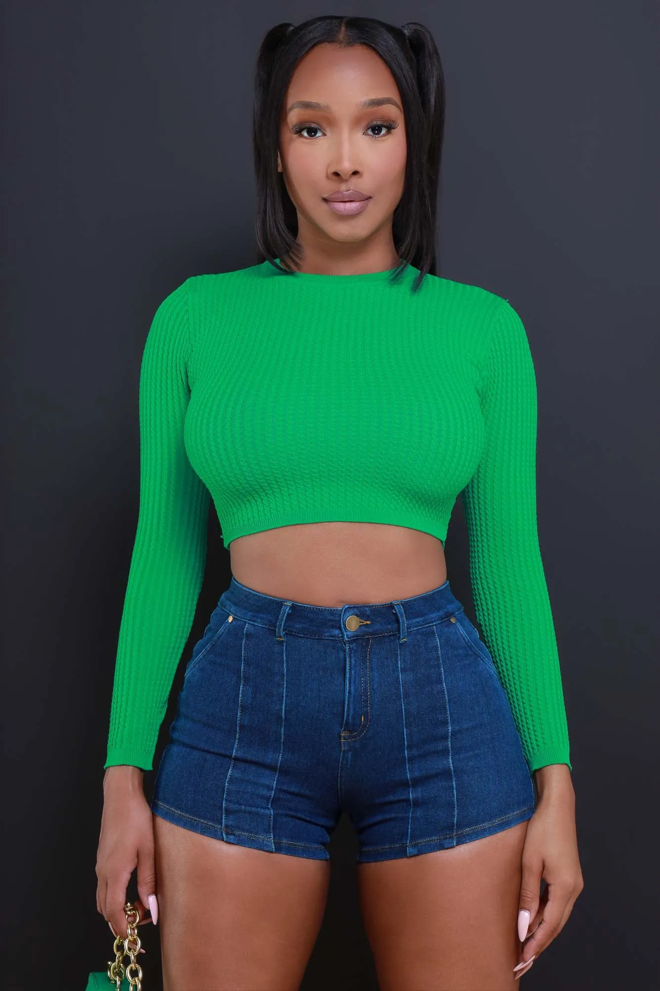 Longshot Long Sleeve Waffle Knit Crop Top - Green