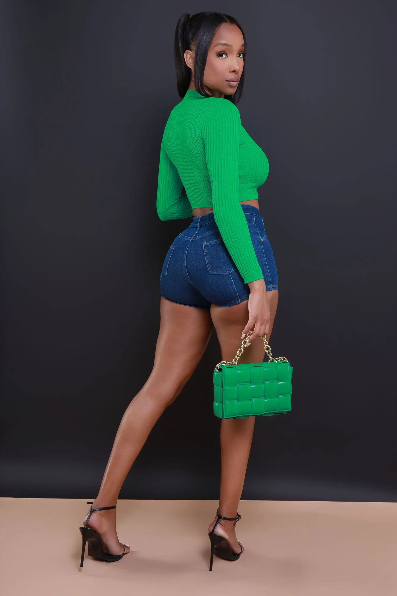 Longshot Long Sleeve Waffle Knit Crop Top - Green