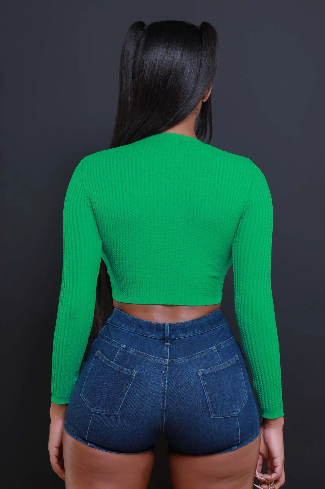 Longshot Long Sleeve Waffle Knit Crop Top - Green