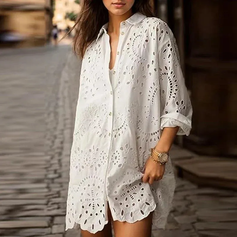 Loose Solid Color Commuting Elegant Lady Lapel Long Sleeved Embroidered Hollow Single Breasted Summer 2024 Dress