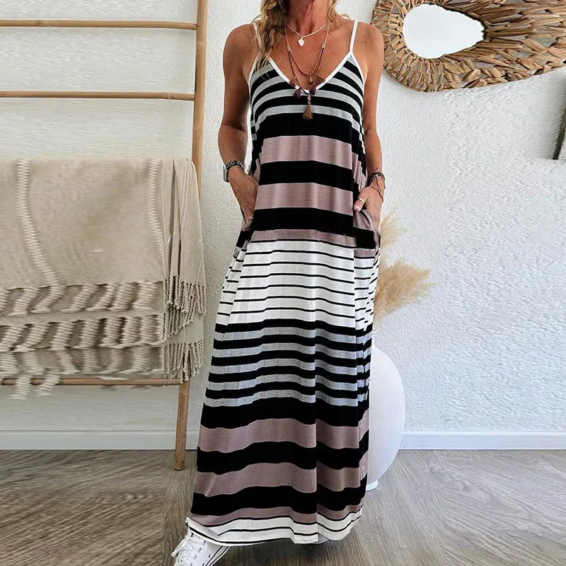 Loose Spaghetti Strap Low Cut Colorful Stripe Pocket Long Summer V-neck Dress