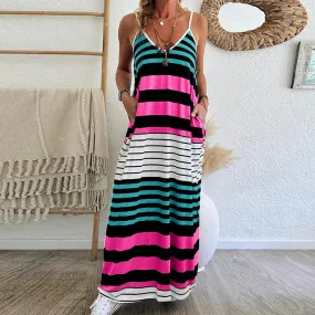 Loose Spaghetti Strap Low Cut Colorful Stripe Pocket Long Summer V-neck Dress