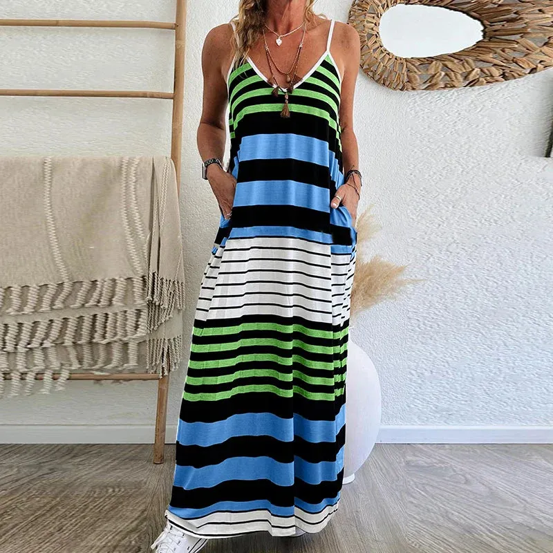 Loose Spaghetti Strap Low Cut Colorful Stripe Pocket Long Summer V-neck Dress