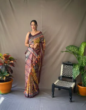 Luxor Gold Saree in Cotton Kalamkari Printed