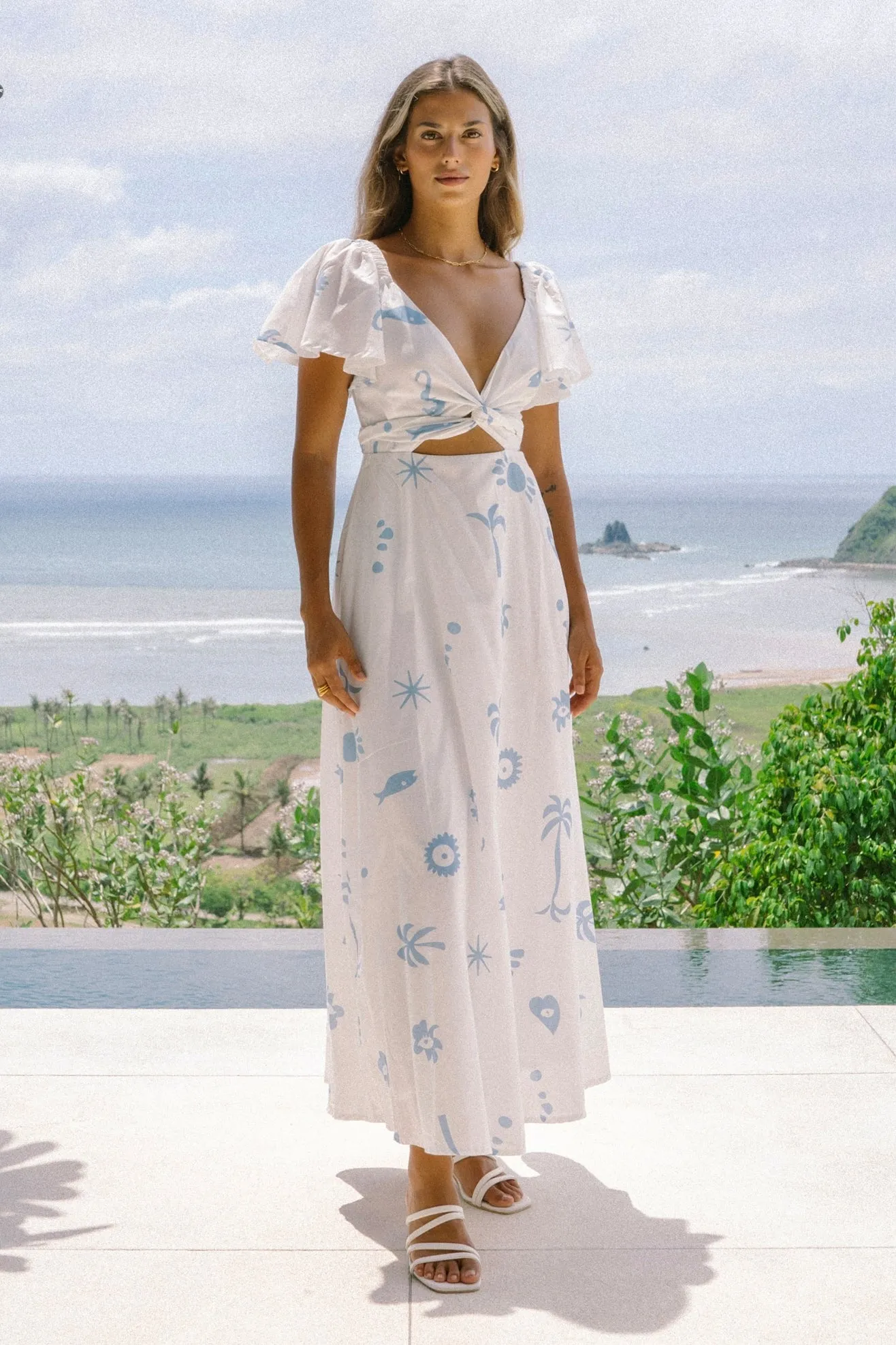 Marini White Blue Tropical Multiway Maxi Dress