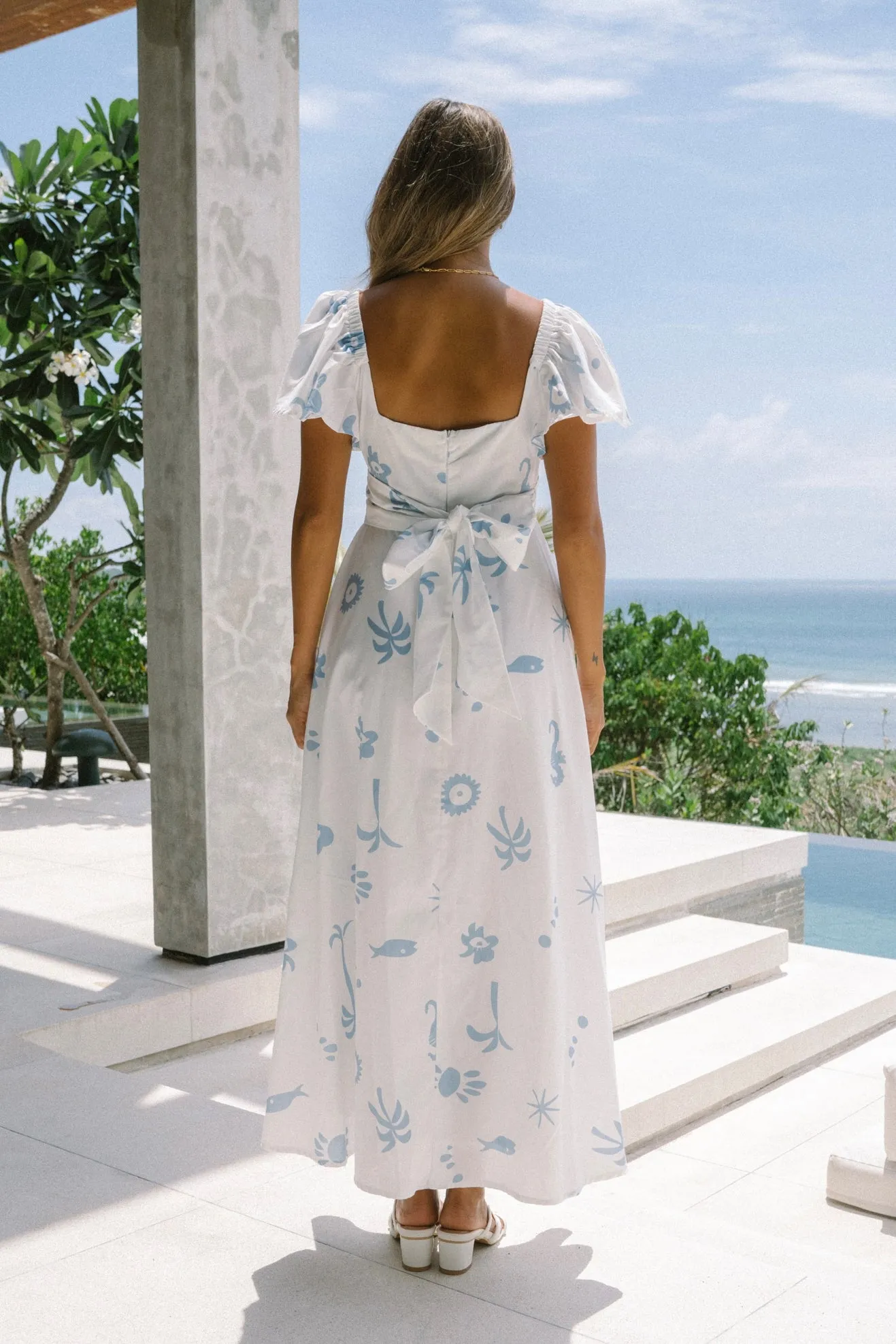 Marini White Blue Tropical Multiway Maxi Dress