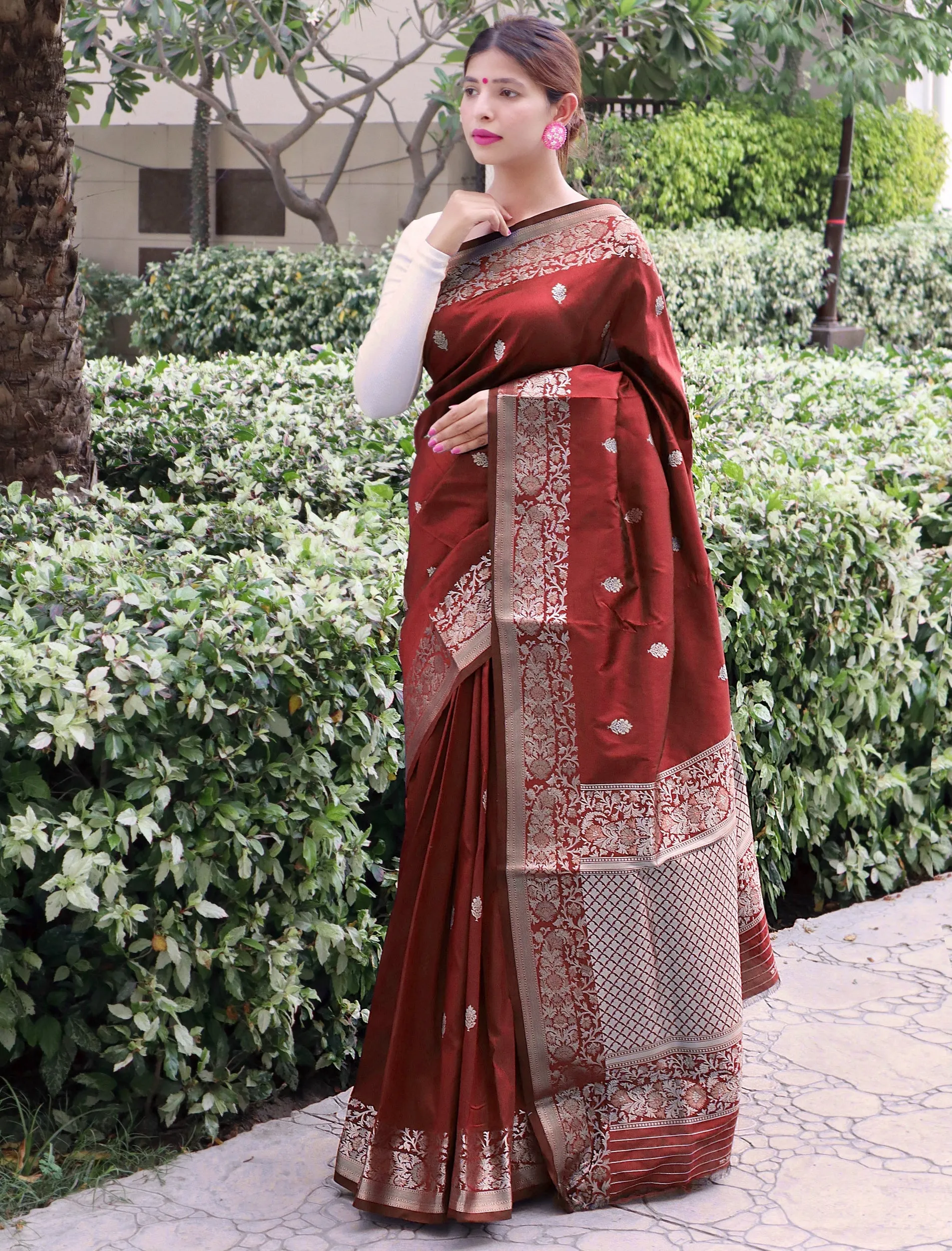 Maroon Brown Saree in Soft Silk for women