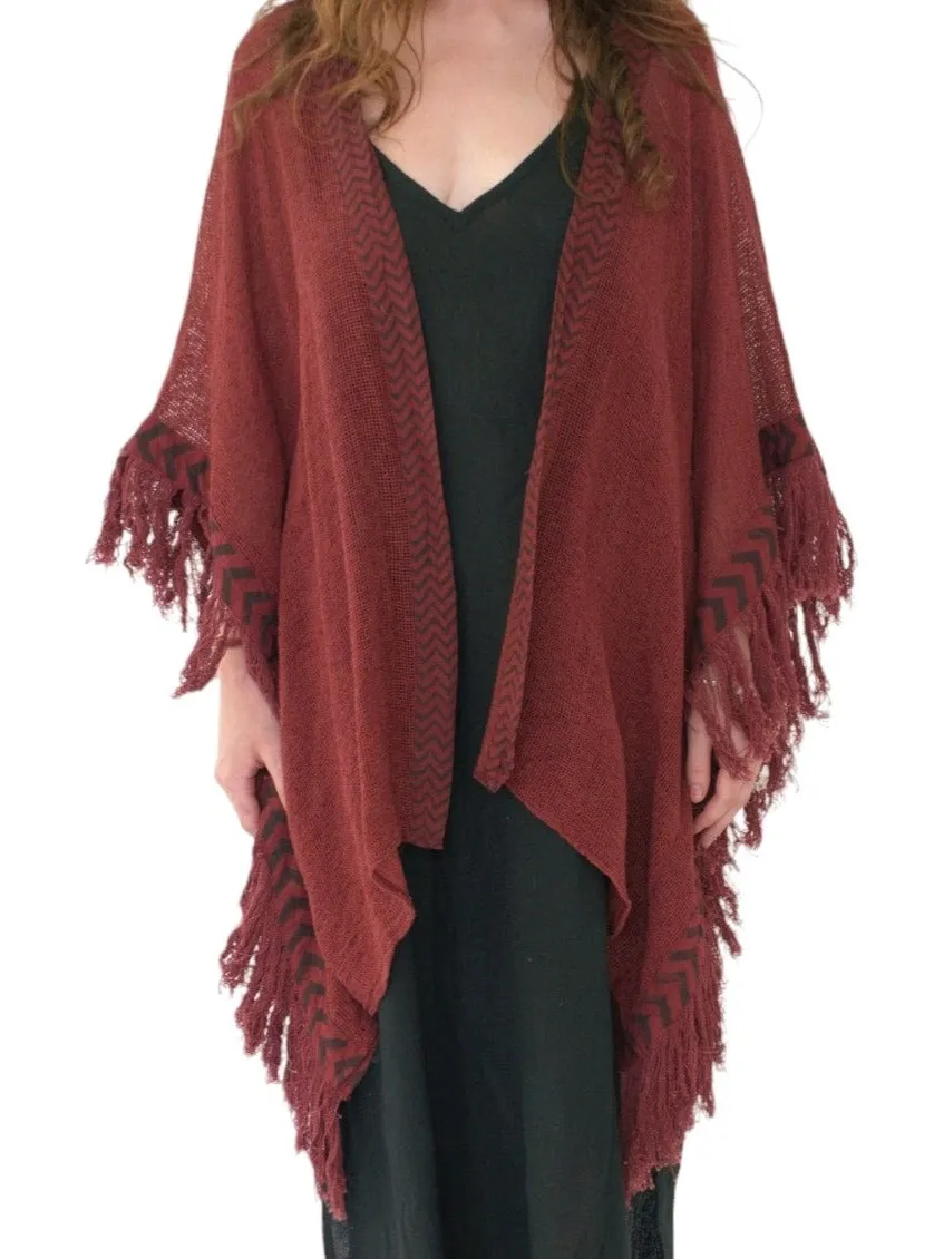 Maroon Mesh Open Poncho with Fringe