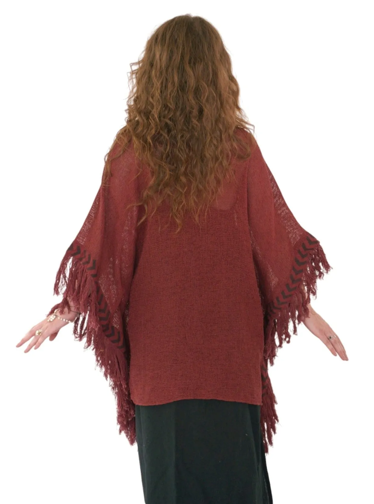 Maroon Mesh Open Poncho with Fringe