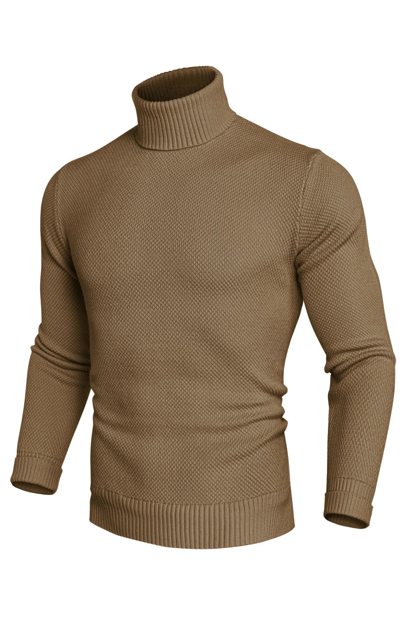 Men Turtleneck Sweater Long Sleeve Ribbed Cuff Textured Pullover Jumper