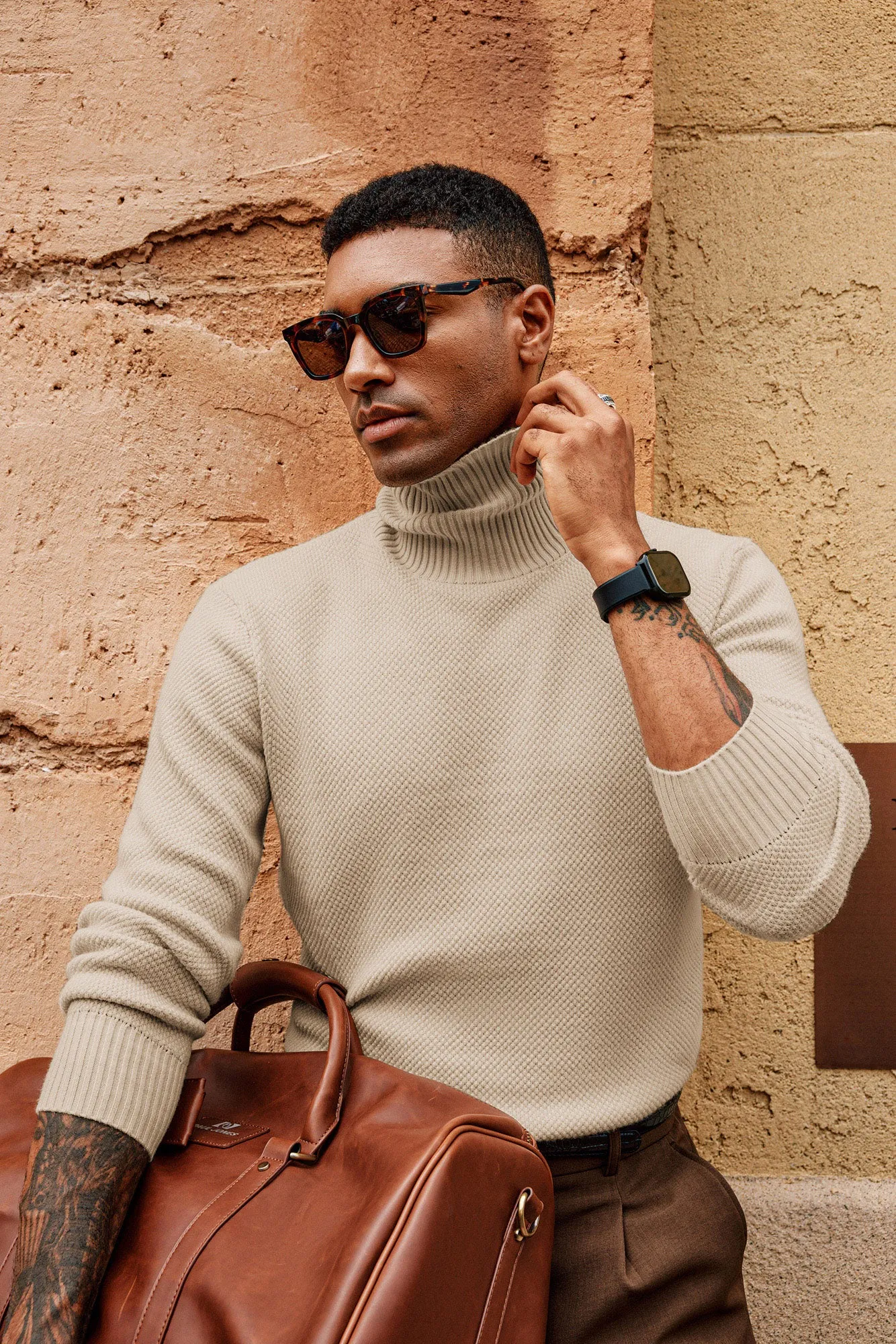 Men Turtleneck Sweater Long Sleeve Ribbed Cuff Textured Pullover Jumper